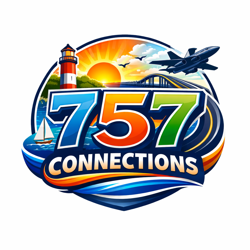 A vibrant logo featuring a lighthouse, sailboat, bridge, and jet plane over the text 