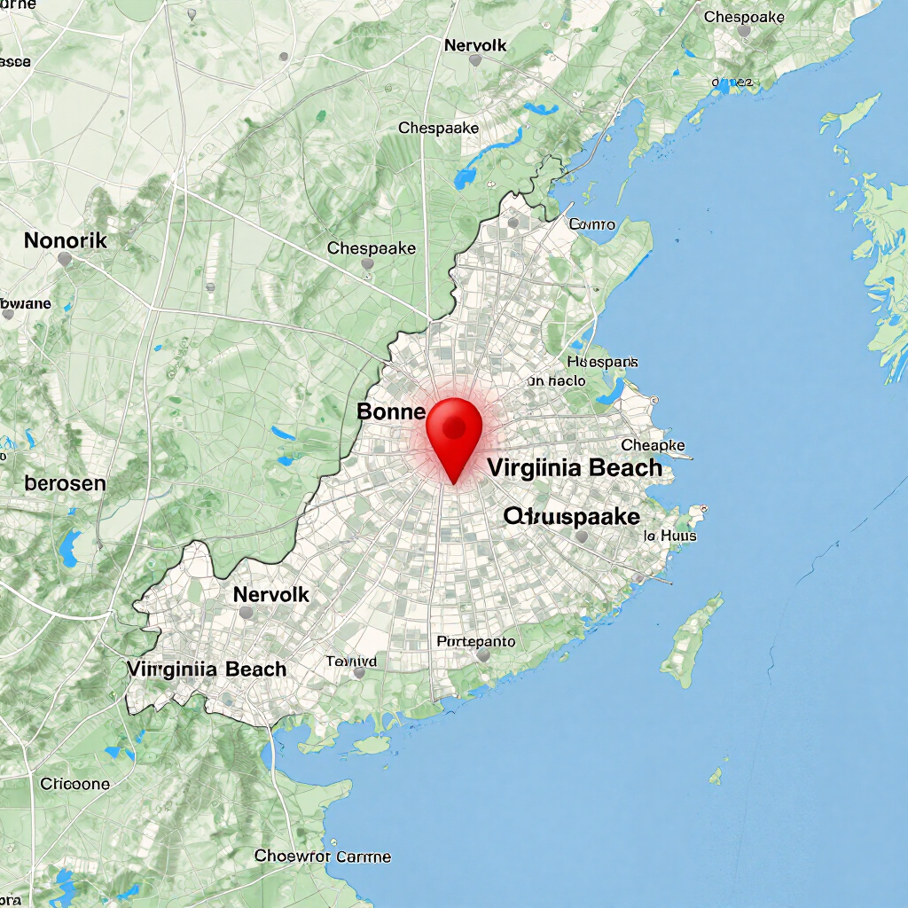 A map centered on the Virginia Beach and Chesapeake area with a red location pin marking a central spot.