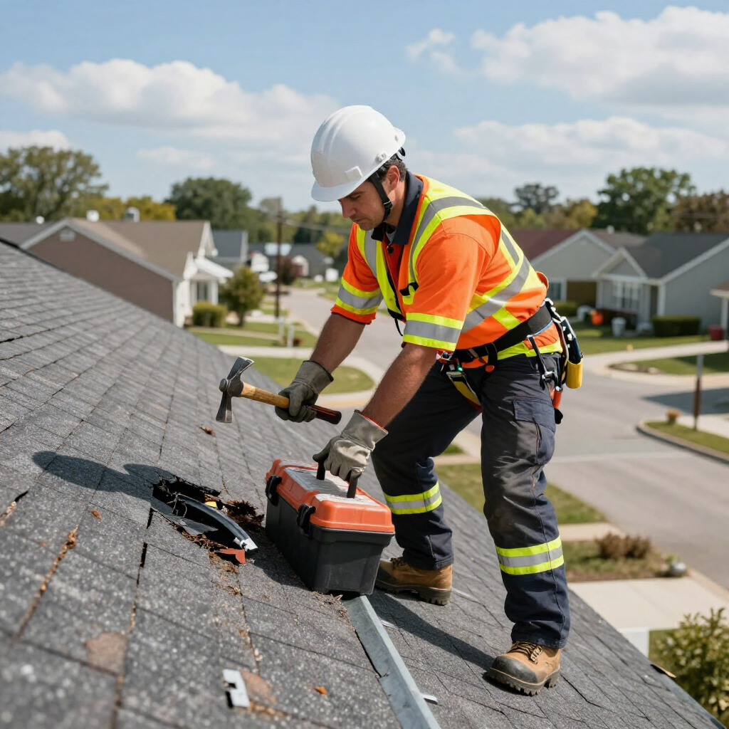 A worker wearing a hard hat and high-visibility vest uses a hammer to repair a roof on a sunny suburban day.