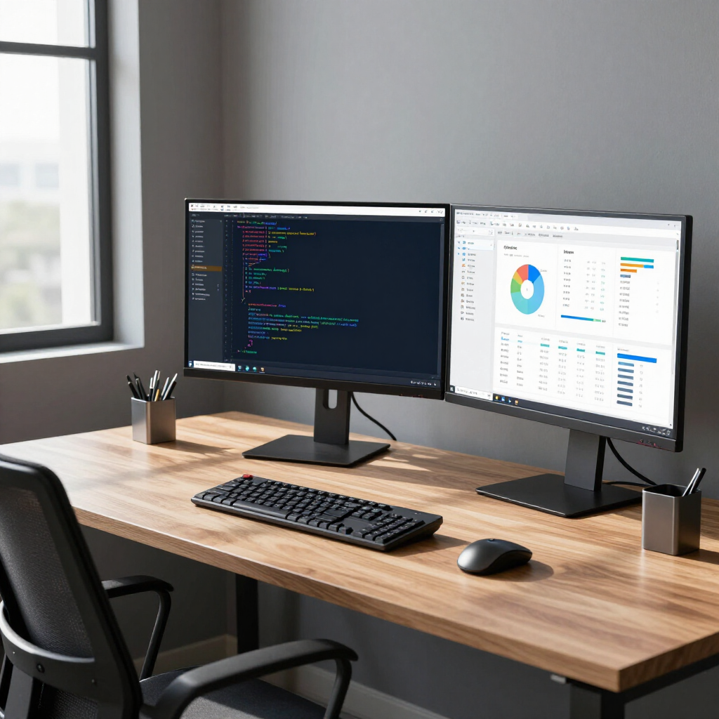 A dual-monitor workstation on a wooden desk, featuring code on one screen and data visualizations on the other.