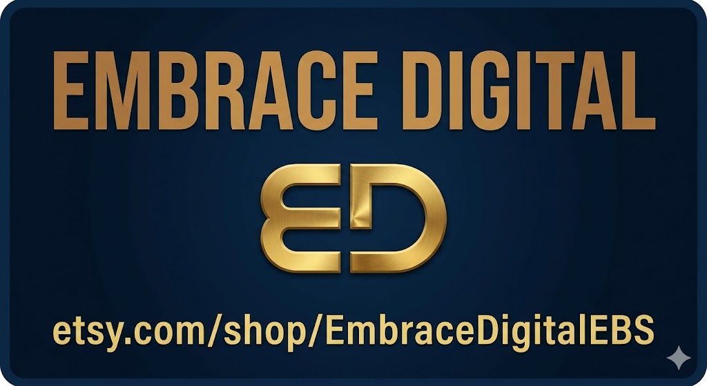 Gold text on a dark blue background reads: EMBRACE DIGITAL, a gold 