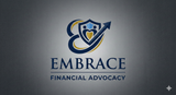A dark grey logo for Embrace Financial Advocacy featuring a stylized heart and shield icon with an upward-pointing arrow.
