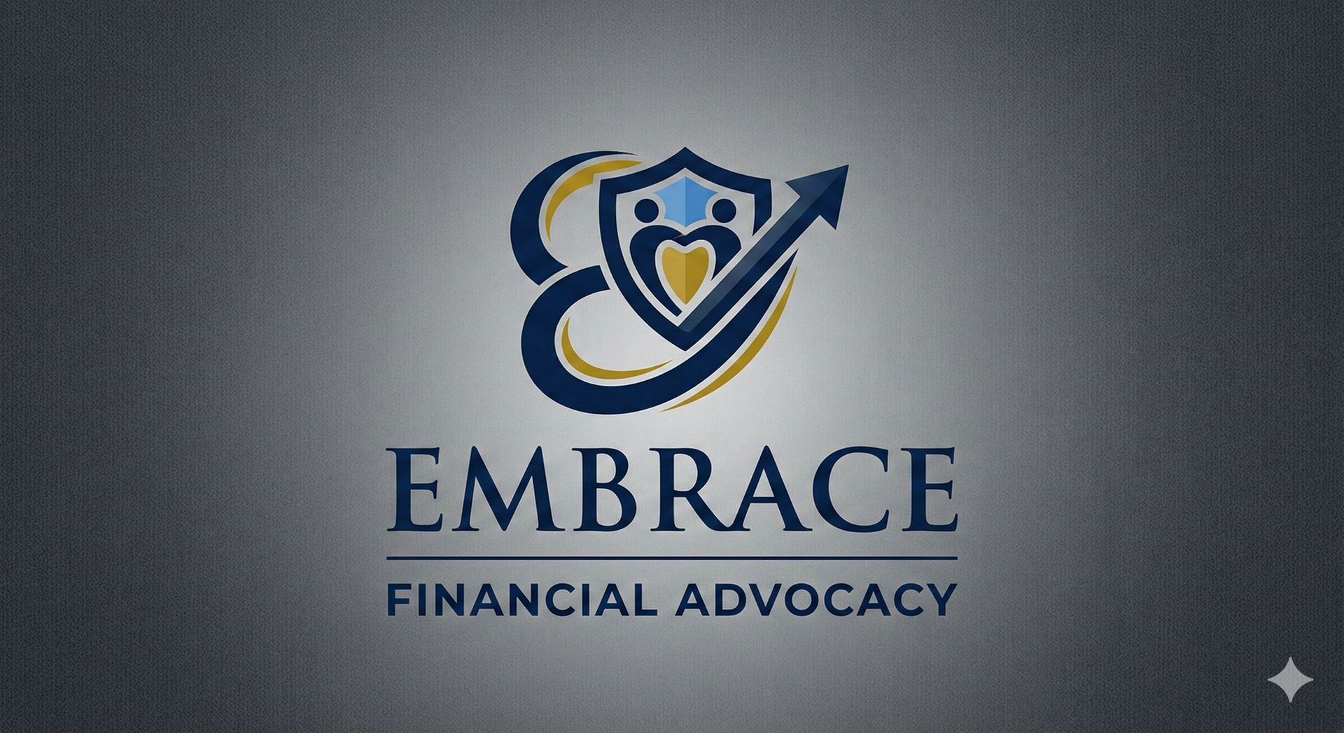 A dark grey logo for Embrace Financial Advocacy featuring a stylized heart and shield icon with an upward-pointing arrow.