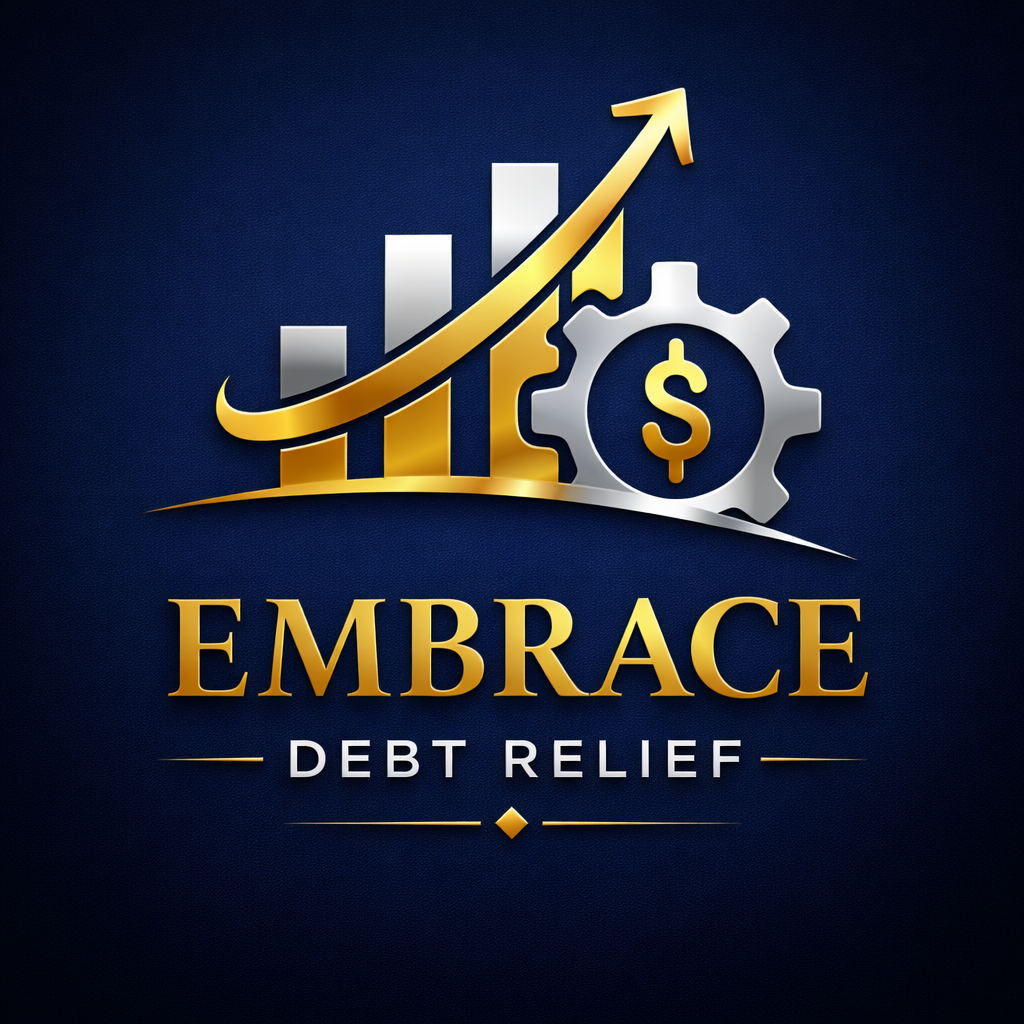 Embrace Debt Relief logo with gold upward chart, dollar gear icon, and navy background