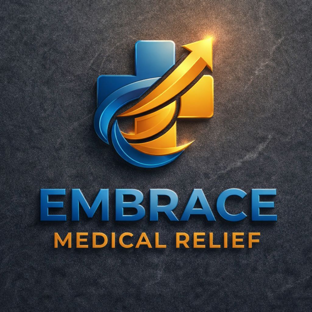 Embrace Medical Relief logo with blue and orange upward arrow over a dark textured background