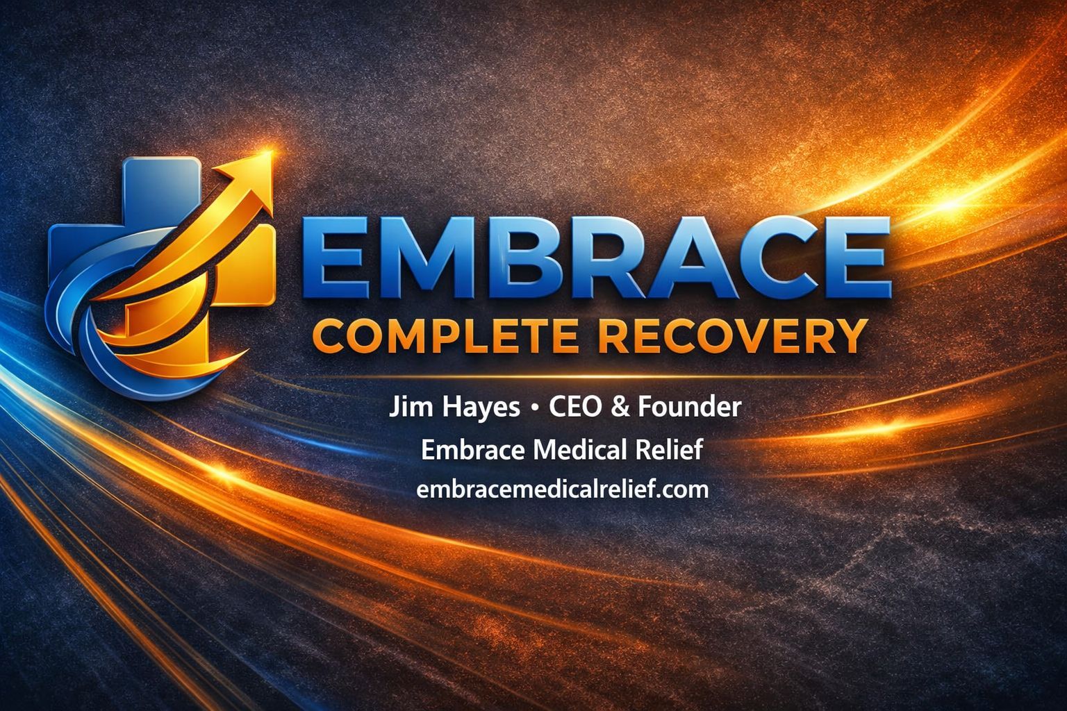 Blue and orange Embrace Complete Recovery logo with medical relief text on a dark glowing background