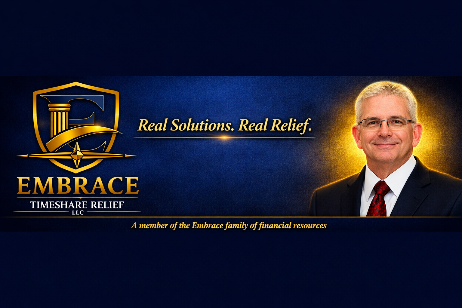 EMBRACE Timeshare Relief banner with gold shield logo, slogan, and a smiling man in a suit on blue background