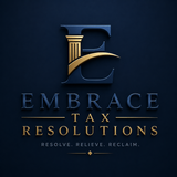 EMBRACE Tax Resolutions logo on dark blue background with gold and navy serif lettering and tagline.