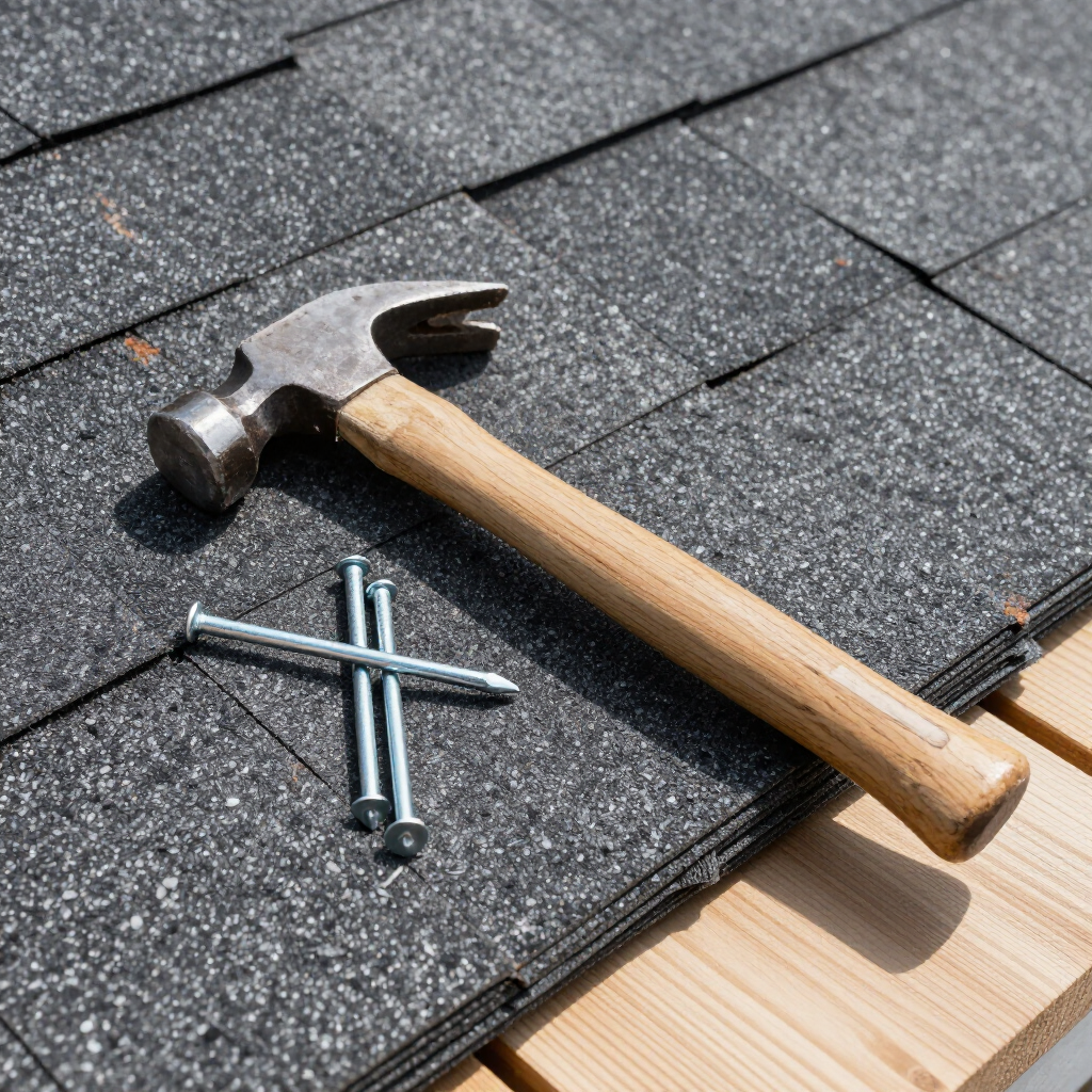 A hammer and several nails rest on dark gray, textured asphalt roof shingles on top of a wooden frame.