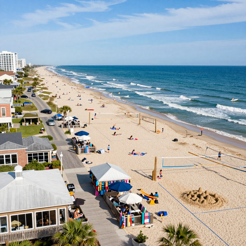 An aerial view of a sandy beach coastline with vacation homes, a wooden boardwalk, umbrellas, and people enjoying the sun.