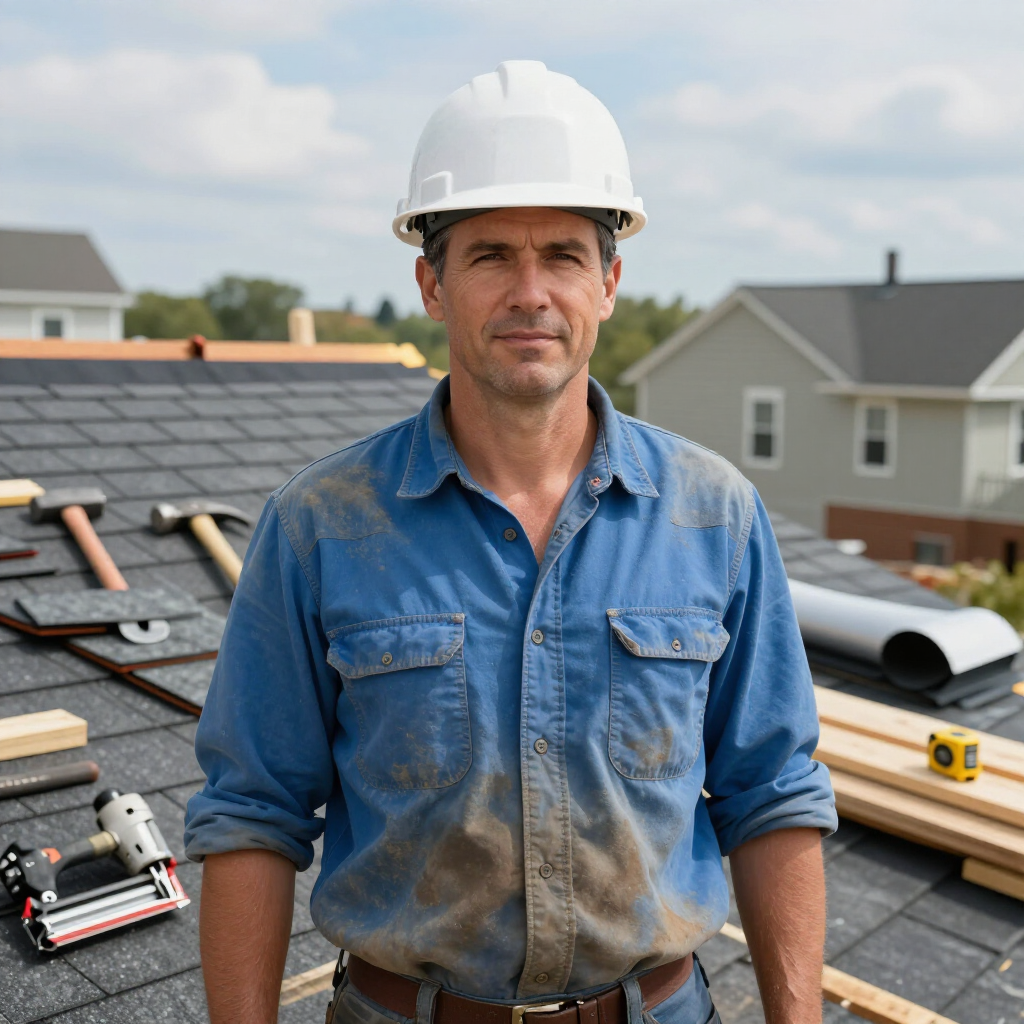 A construction worker in a white hard hat and a blue work shirt stands on a residential roof with tools.