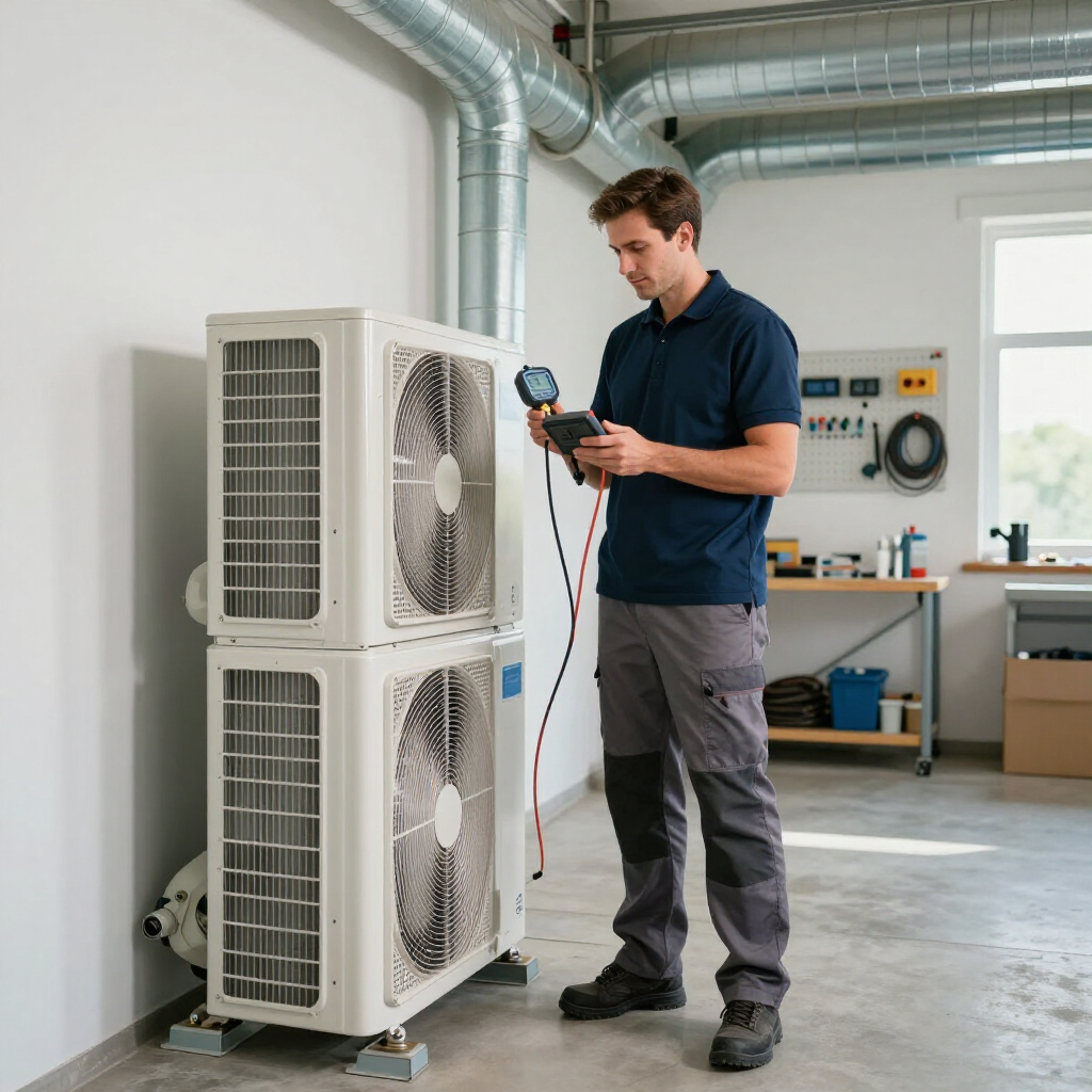A technician in work clothes checks an industrial HVAC unit with a digital gauge in a workshop.