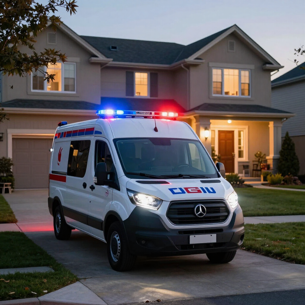 An ambulance with activated red and blue emergency lights parked in the driveway of a suburban house at dusk.