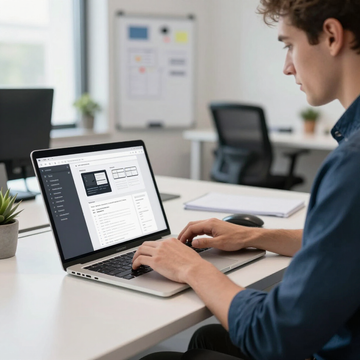 A person in a blue shirt works on a laptop in a brightly lit, modern office setting.