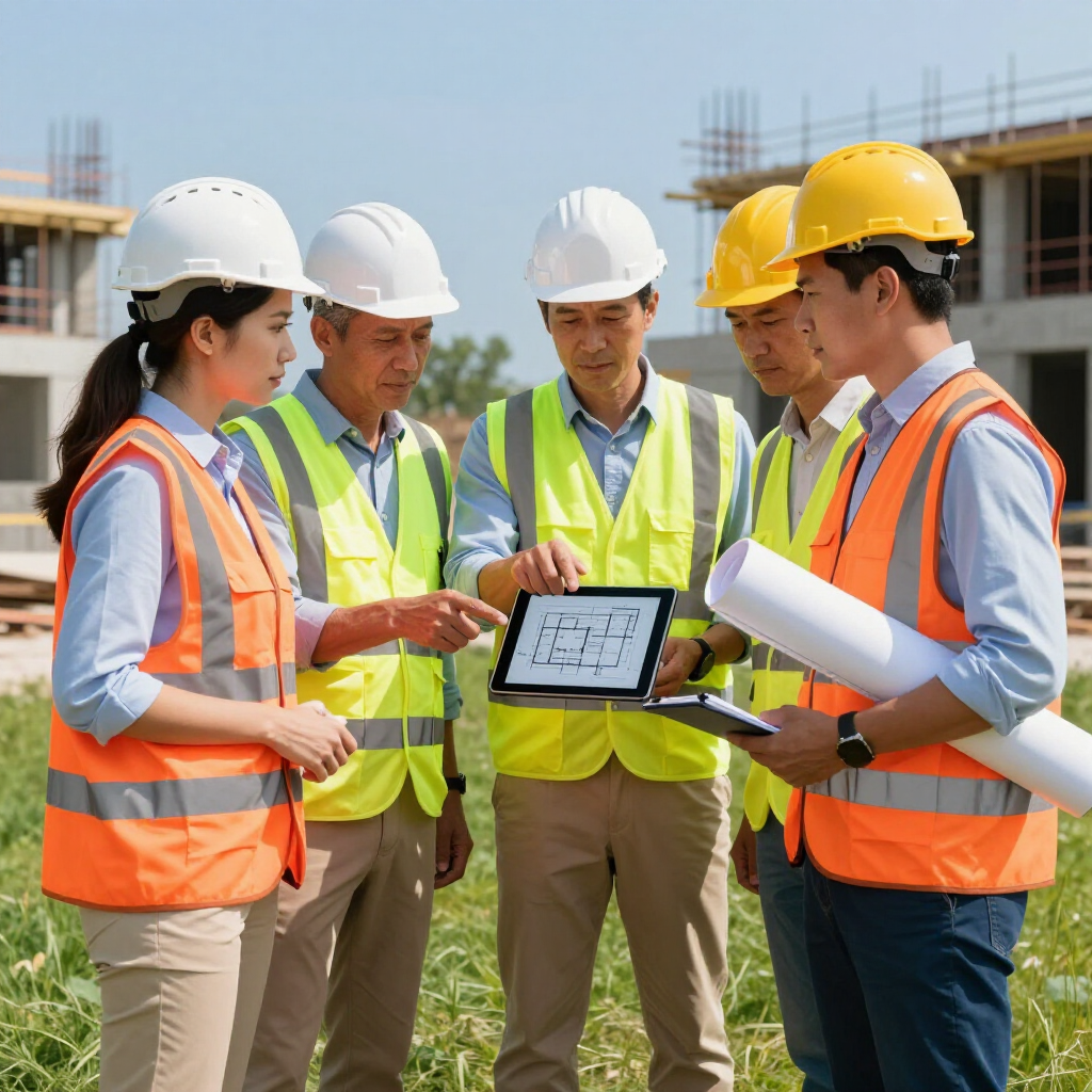 Construction professionals in hard hats and safety vests consult a digital tablet and blueprints at a building site.
