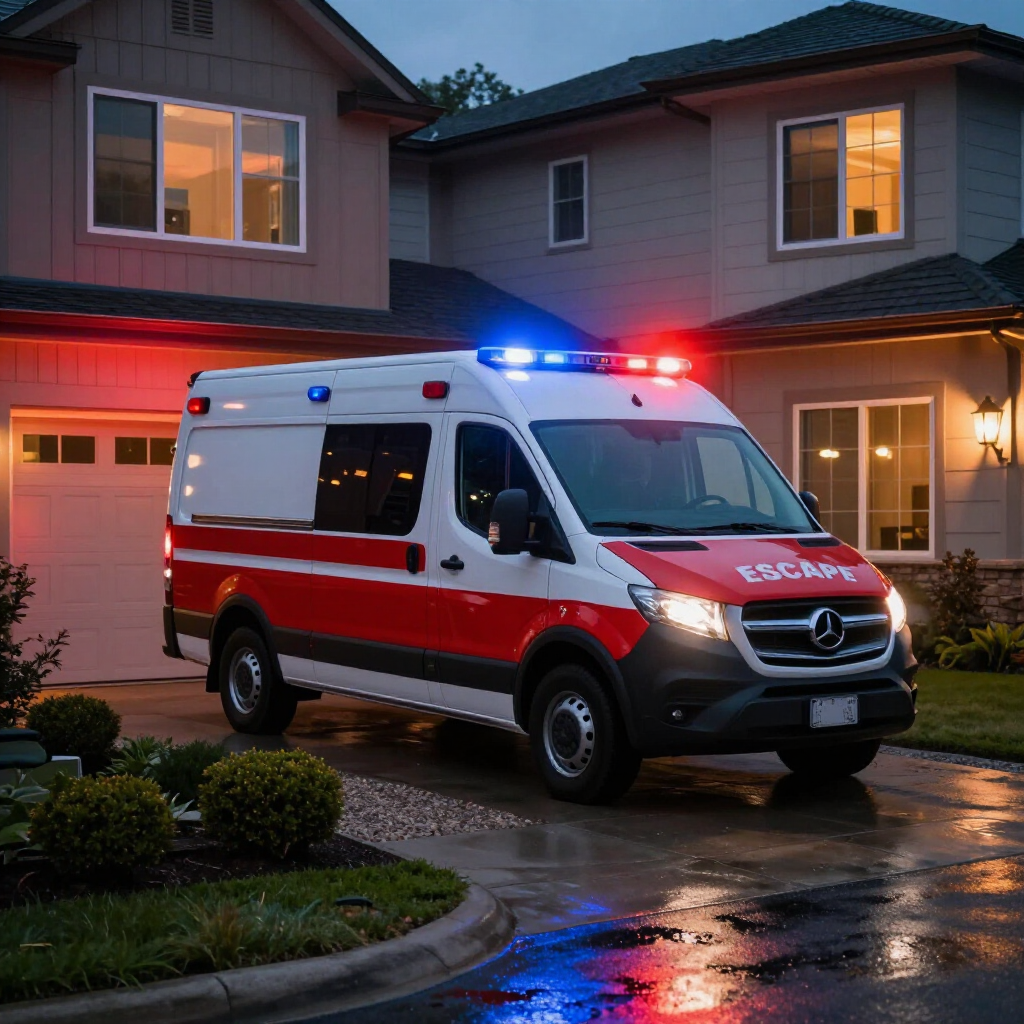 A red and white ambulance with flashing emergency lights parked in the driveway of a two-story residential house at dusk.