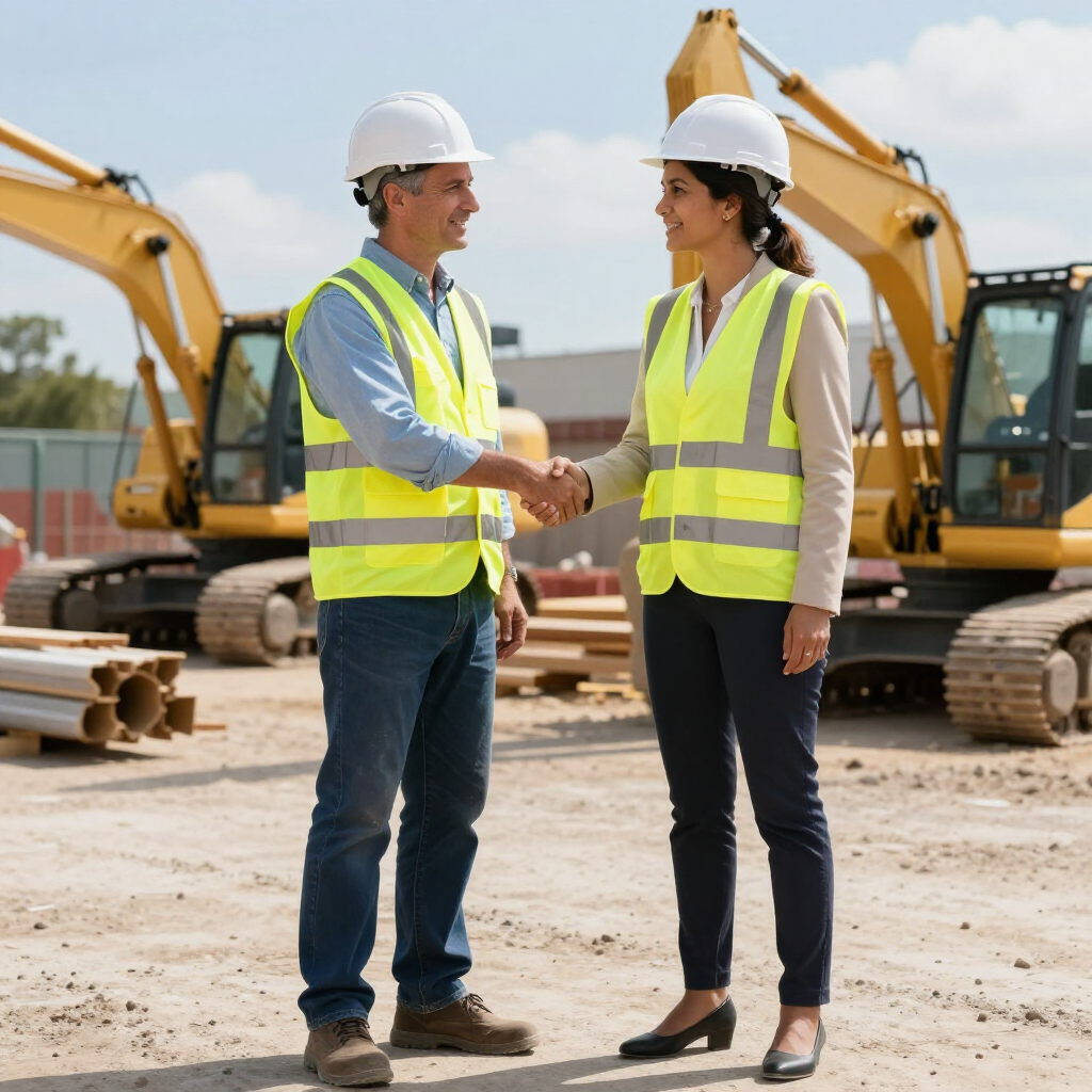 Two construction workers in safety vests and hard hats shake hands on a job site with excavators in the background.