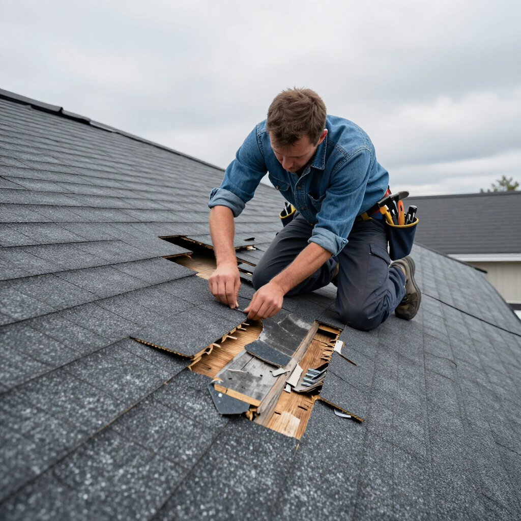 A person wearing a blue shirt and tool belt kneels on a sloped roof, repairing damaged asphalt shingles.