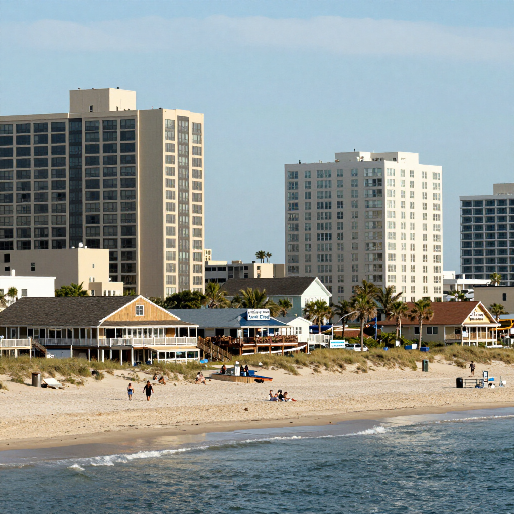 A beach scene with tall apartment buildings, small wooden coastal structures, and a sandy shore with people relaxing.