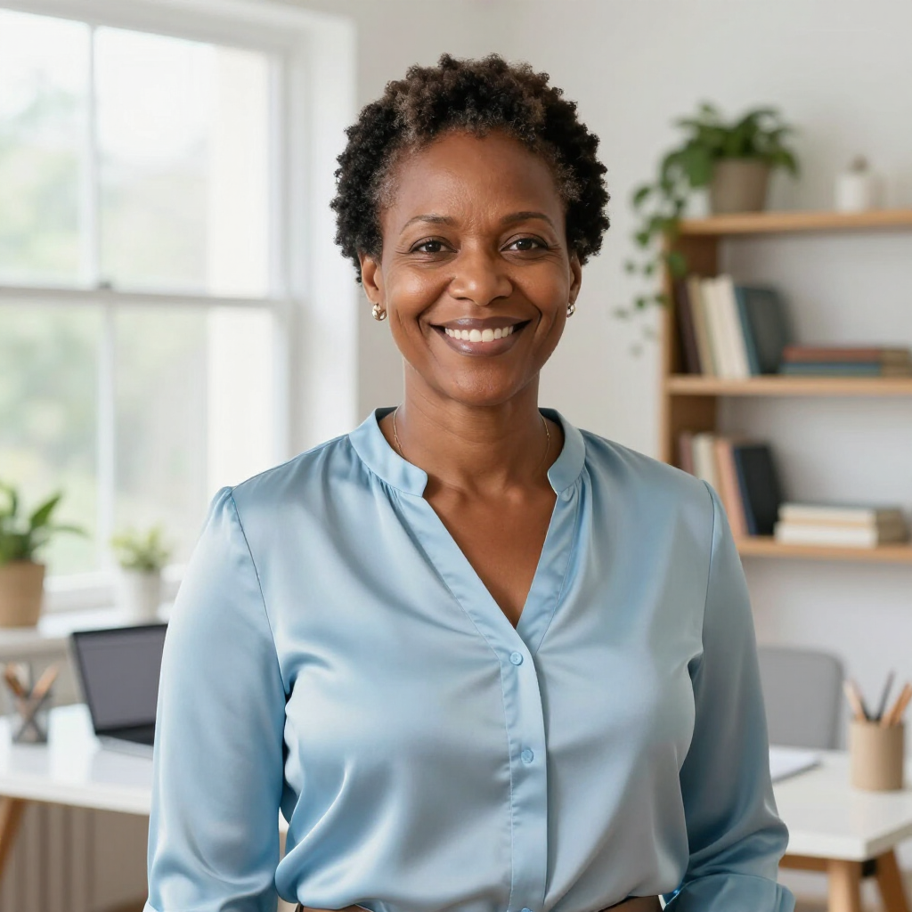 Smiling professional wearing a light blue blouse, standing in a bright home office with a desk and bookshelf.