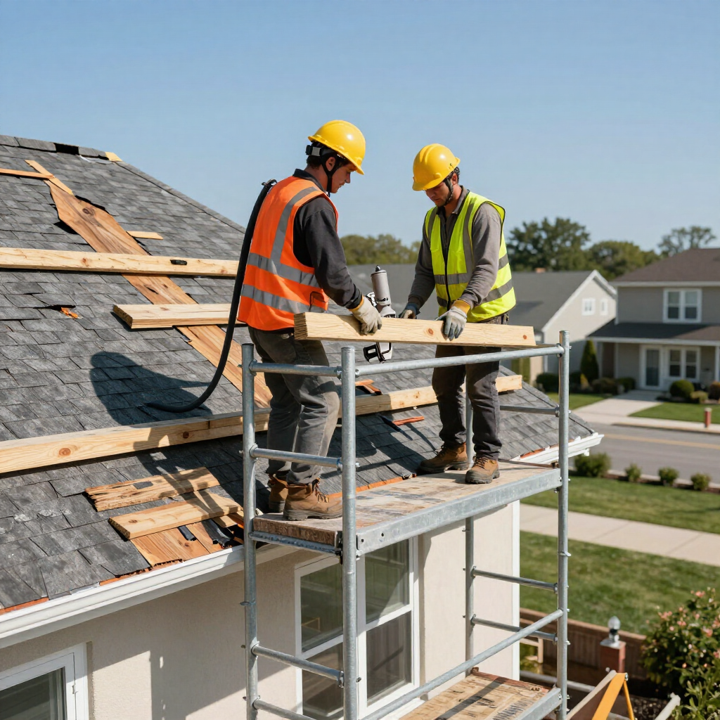 Two construction workers in safety vests and hard hats work together to install wooden planks on a residential roof.