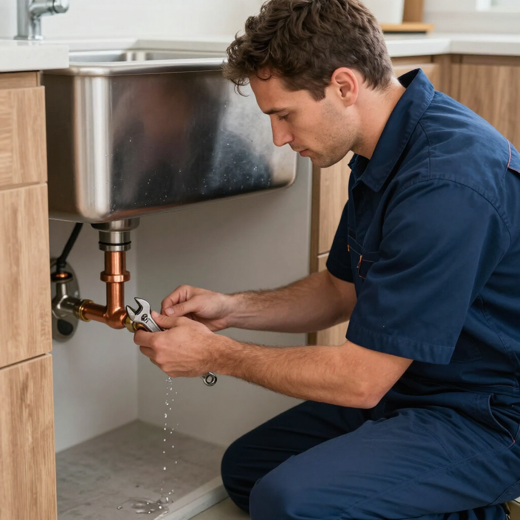 A plumber in a blue uniform uses a wrench to tighten a leaking copper pipe under a kitchen sink.