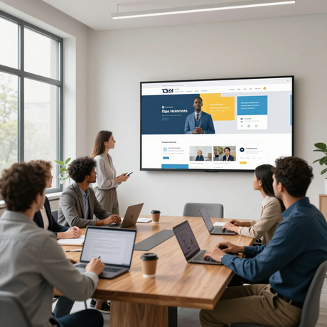 A team in a bright office meets around a wooden table, viewing a presentation displayed on a wall-mounted screen.