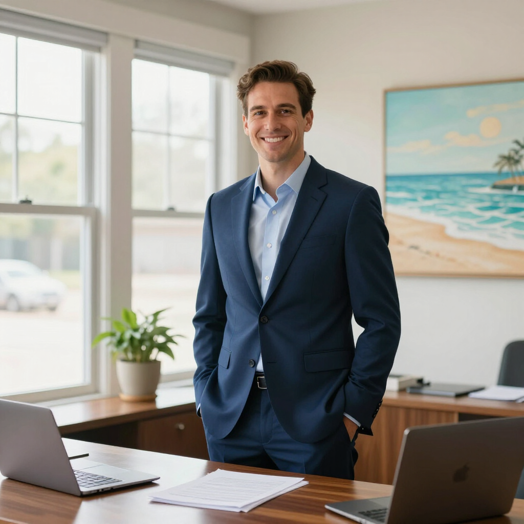A smiling person in a blue suit stands in an office with windows, a desk, laptops, and a beach painting on the wall.