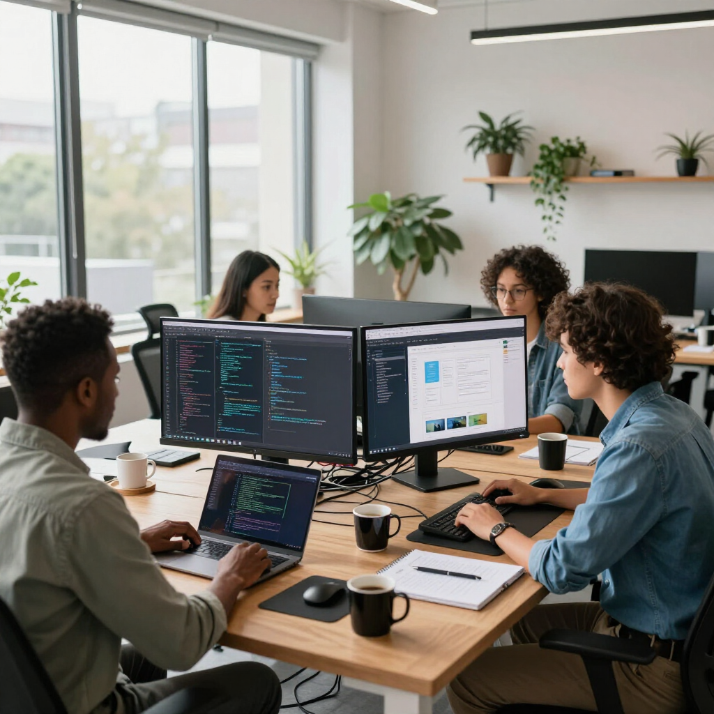 Four people work collaboratively in a bright, modern office, using computers and code at a large wooden desk.