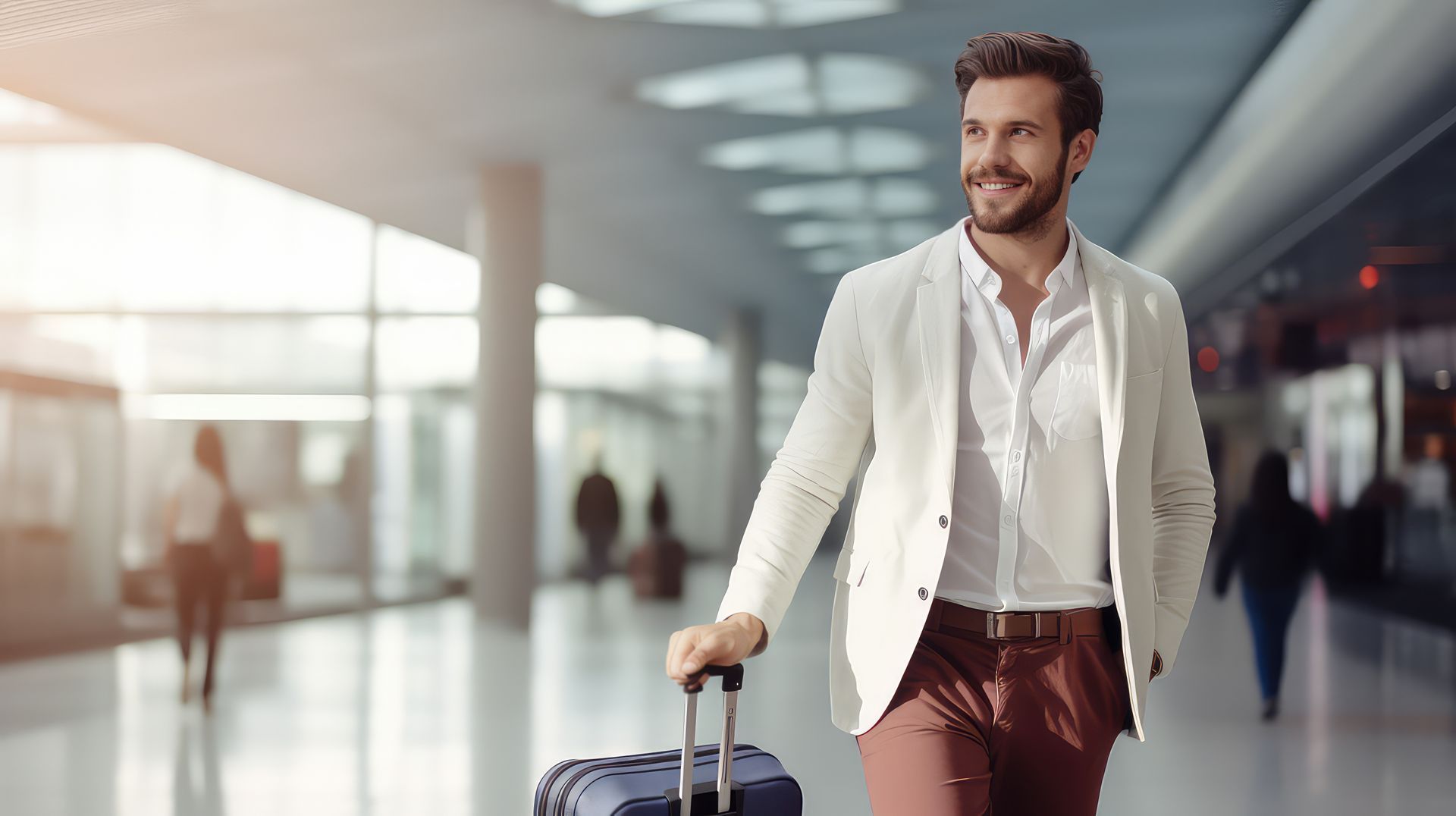 man walking at airport with suitcase