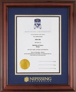 A diploma in a Nipissing University frame