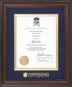A diploma in a Nipissing University frame