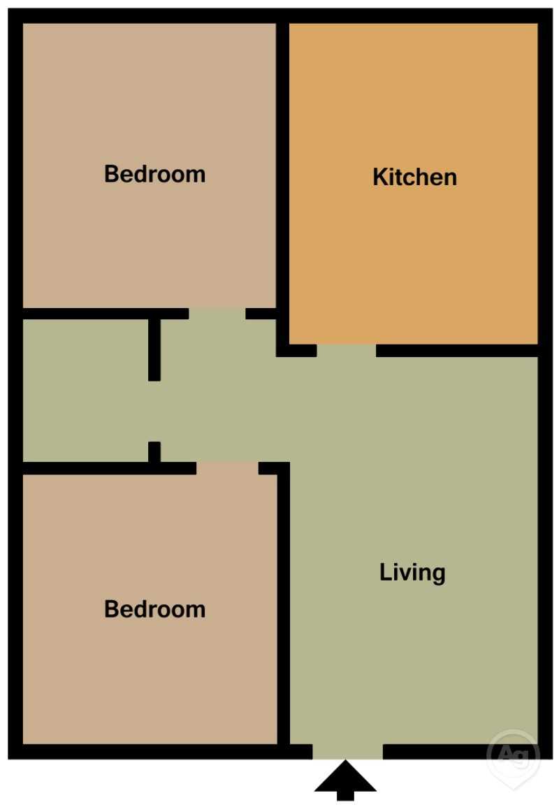2 bedroom floor plan with bedrooms separated by hallway