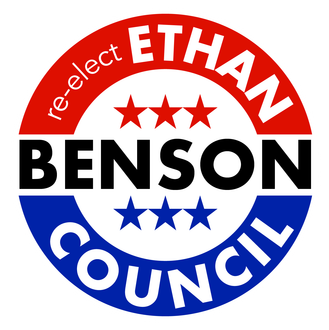 Campaign logo: Re-elect Ethan Benson for Council, red, white, and blue circle with stars.