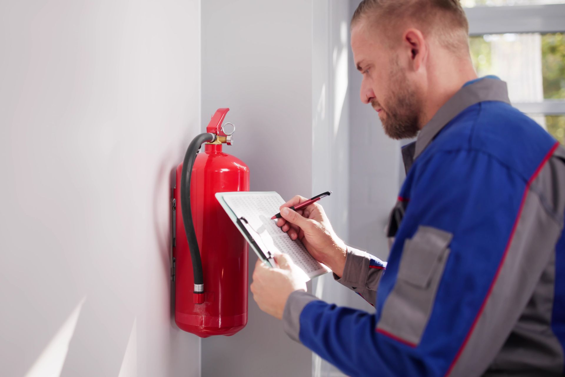 A man is inspecting a fire extinguisher.