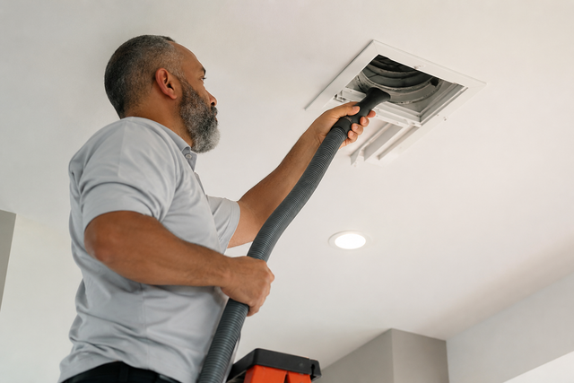 Man vacuuming a ceiling vent with a hose in a bright room