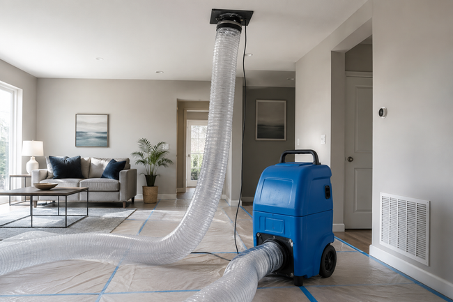 Blue carpet-cleaning machine with long hose in a living room, drying the floor