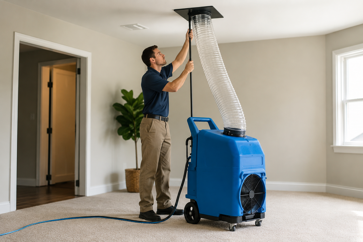Man cleaning carpet with blue extraction machine in a bright room