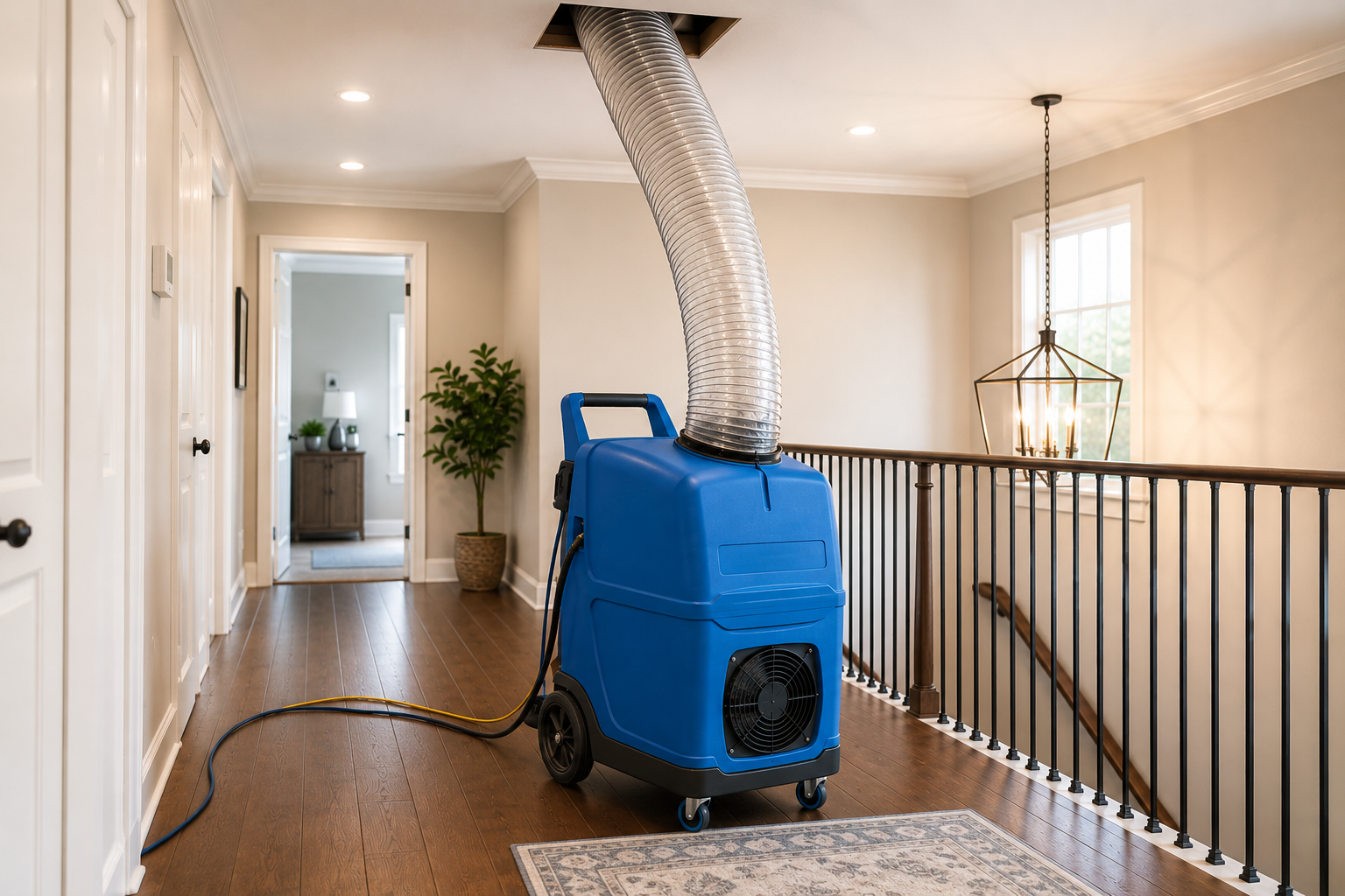 Blue industrial floor dryer in a hallway, with a hose running up to the ceiling near a stair railing.