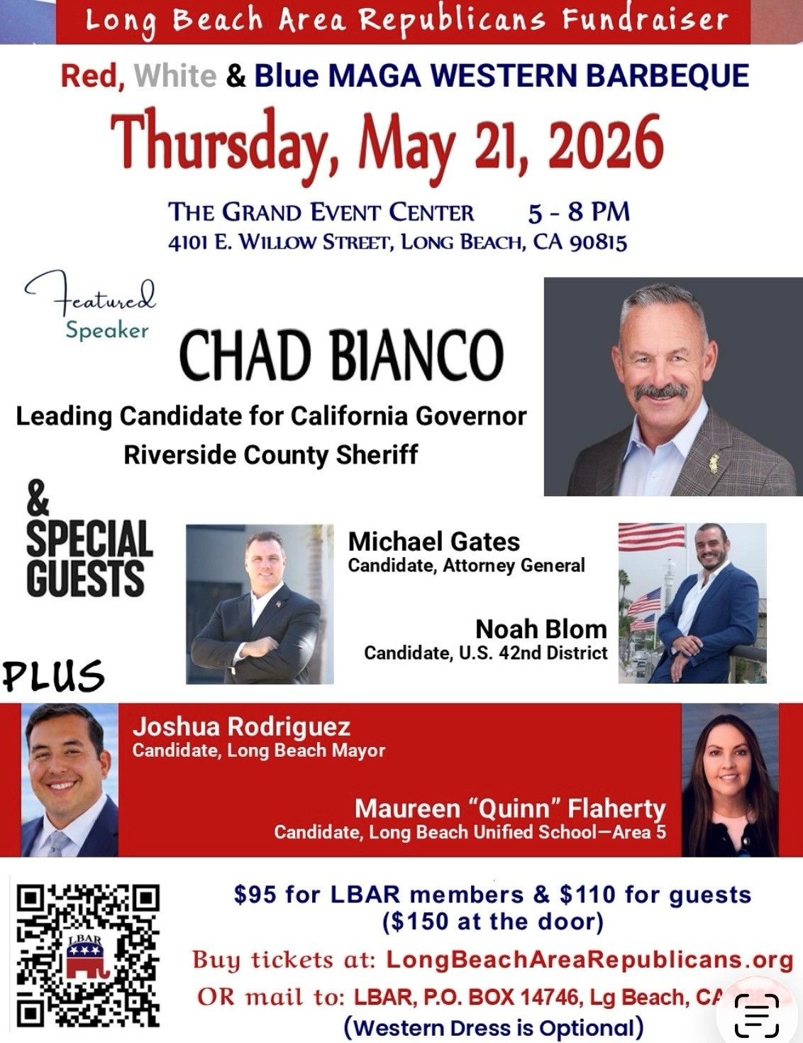 Long Beach area Republicans fundraiser poster with Chad Bianco and special guests, May 21, 2026
