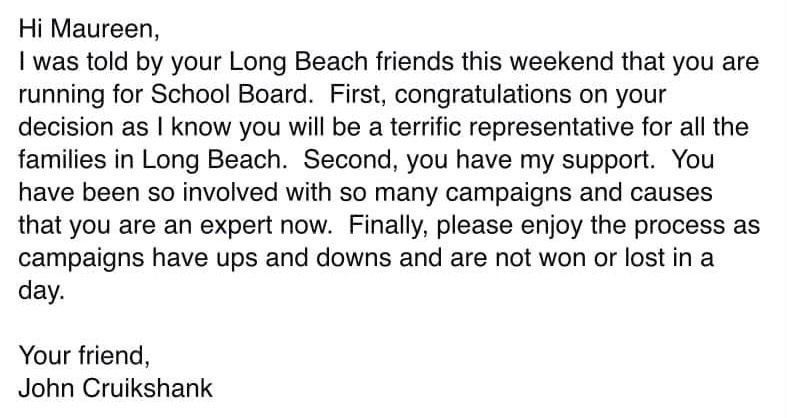 A handwritten letter to Maureen from John Cruikshank, congratulating her on running for School Board, offering support.