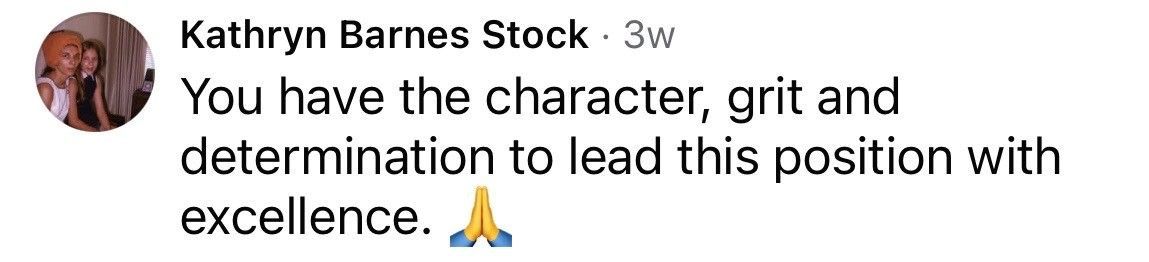 A social media comment from Kathryn Barnes Stock reading, 