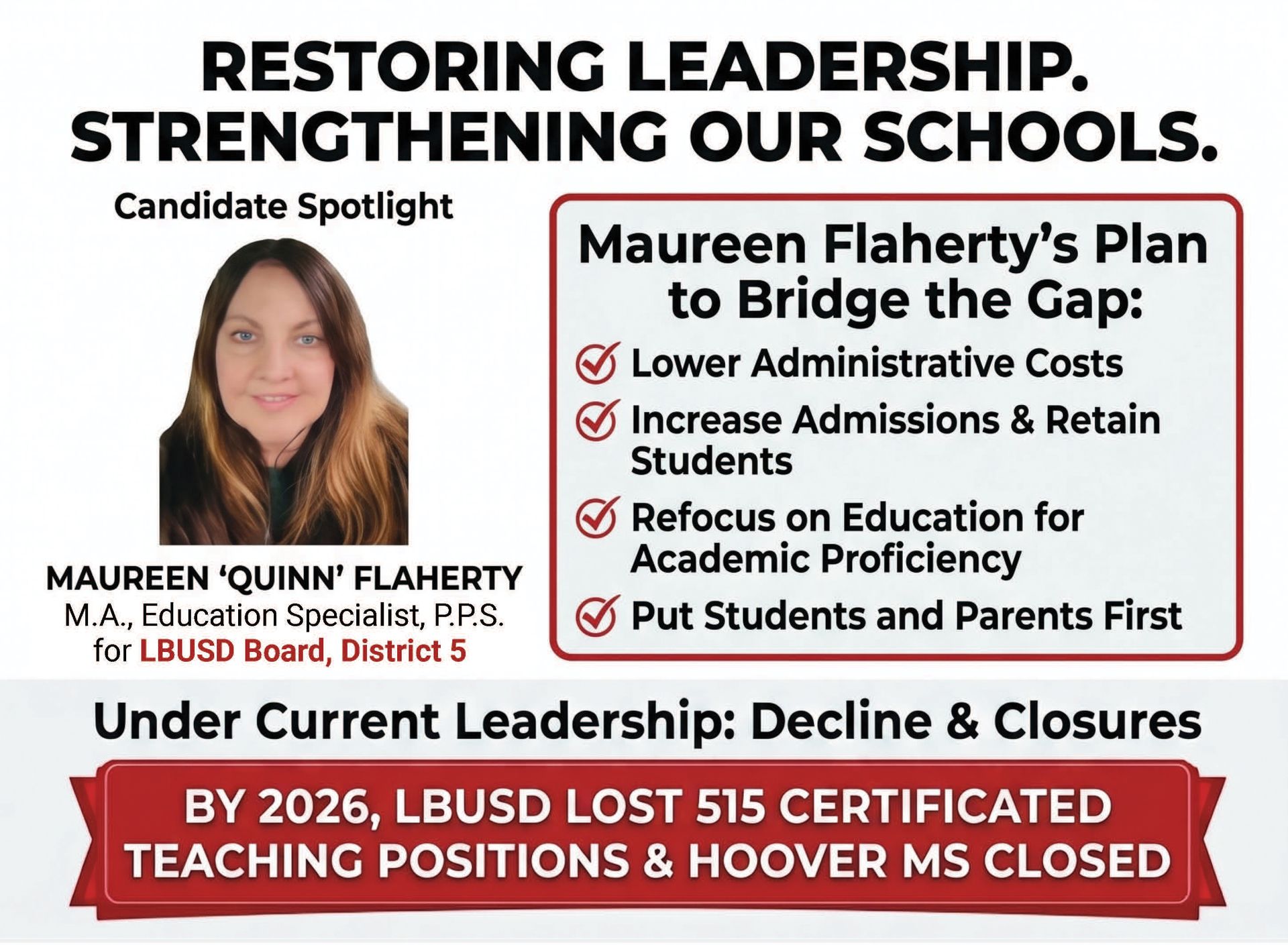 Campaign ad for Maureen Flaherty: restoring leadership, lowering costs, and improving academics in schools