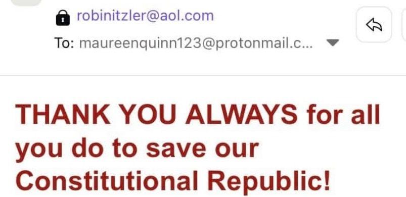 Email thanking someone for helping to save the Constitutional Republic.