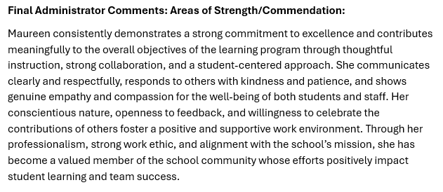 A performance review excerpt praising an employee's professionalism, collaboration, and commitment to student learning.