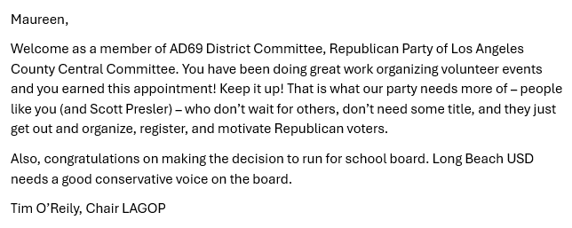 Letter congratulating Maureen on an appointment and encouraging her to run for school board.