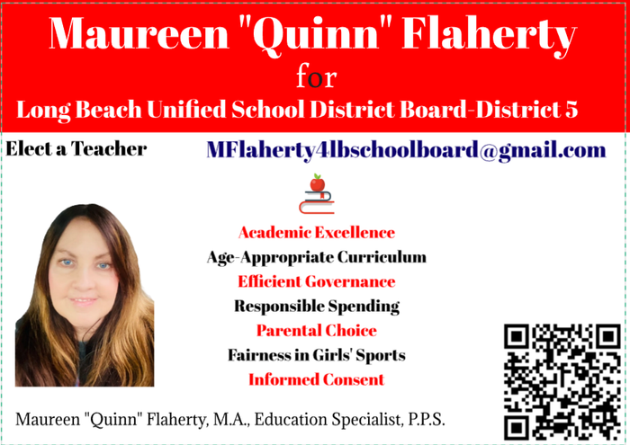 A poster for maureen quinn flaherty for long beach unified school district board district 5
