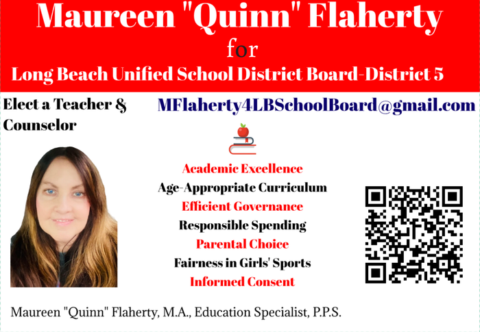 A poster for maureen quinn flaherty for long beach unified school district board district 5