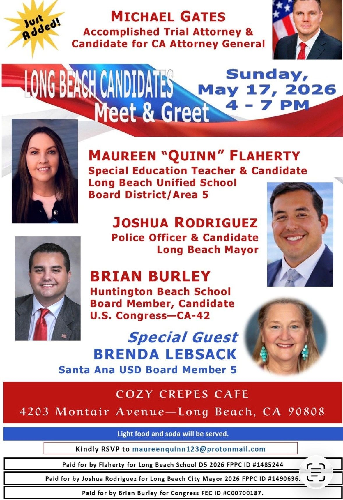 Long Beach Candidates Meet & Greet flyer with headshots, May 17, 2026, 5–7 pm at Long Beach Café