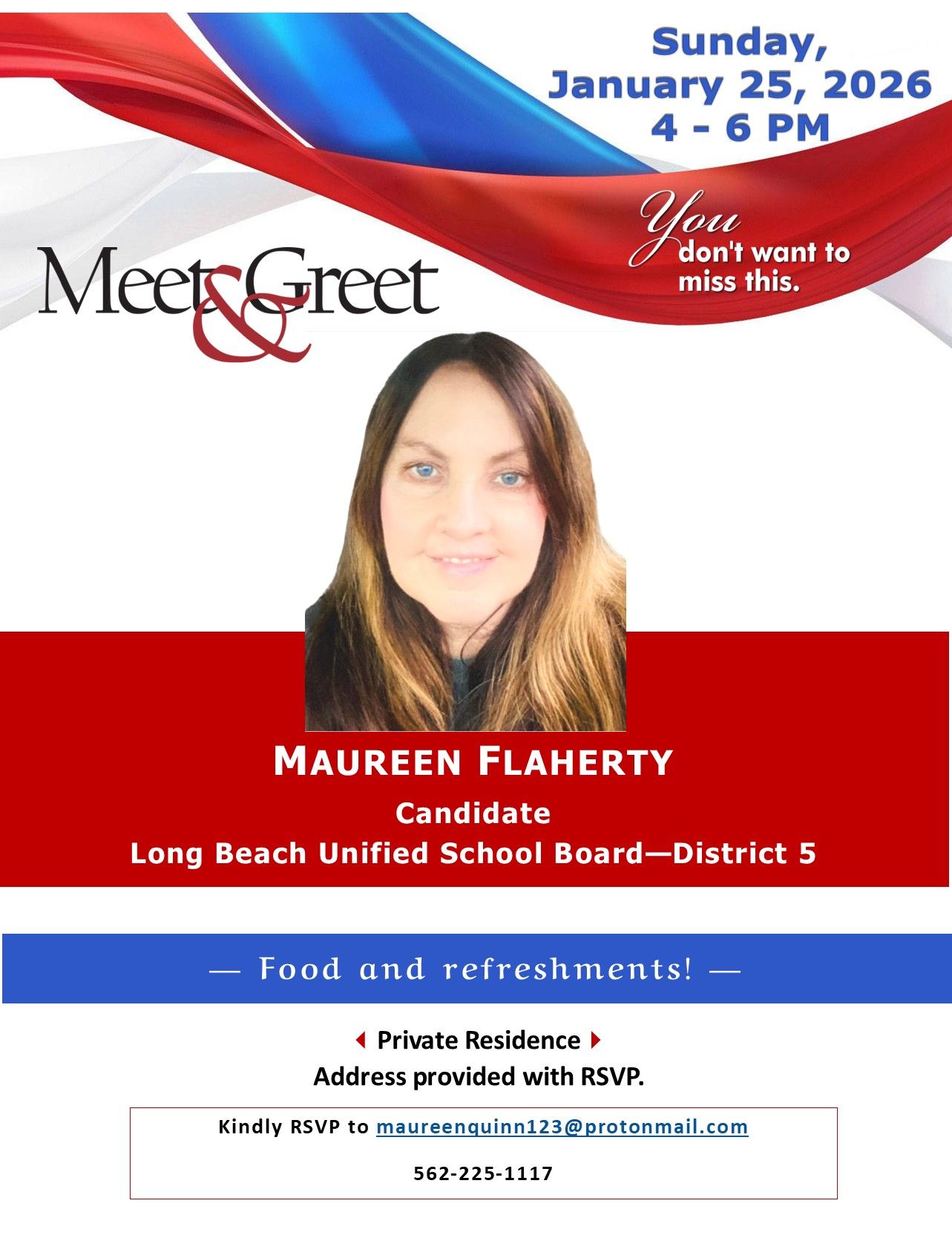 Meet and Greet flyer for Maureen Flaherty, candidate for Long Beach Unified School Board, District 5, January 25, 2026.